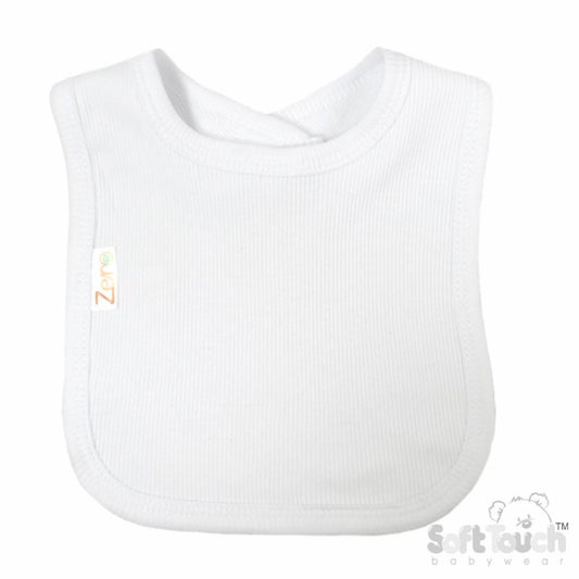 Unisex Baby Clothes - Baby bib in white, ribbed design. Perfect unisex baby clothing accessory. (Front Angle)