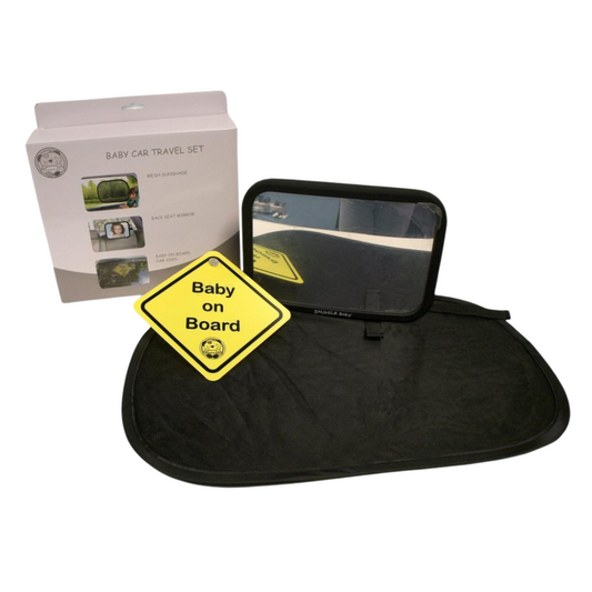 Image: A baby car travel set displayed, featuring a mesh sunshade, a back seat mirror and a 'Baby On Board' car sign. The sunshade provides UV protection, the mirror allows easy monitoring of the rear-facing infant, and the sign promotes road safety awareness.