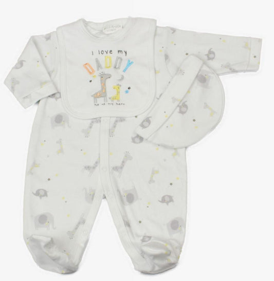 Unisex baby clothes set - Image of white three-piece baby clothes set with giraffe theme, featuring 'I Love My Daddy' embroidery. Includes bib, hat and sleepsuit. (Front Angle))