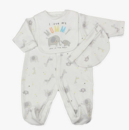 Unisex baby clothes set - Image of white three-piece baby clothes set with elephant theme, featuring 'I Love My Mummy' embroidery. Includes bib, hat and sleepsuit. (Front Angle)