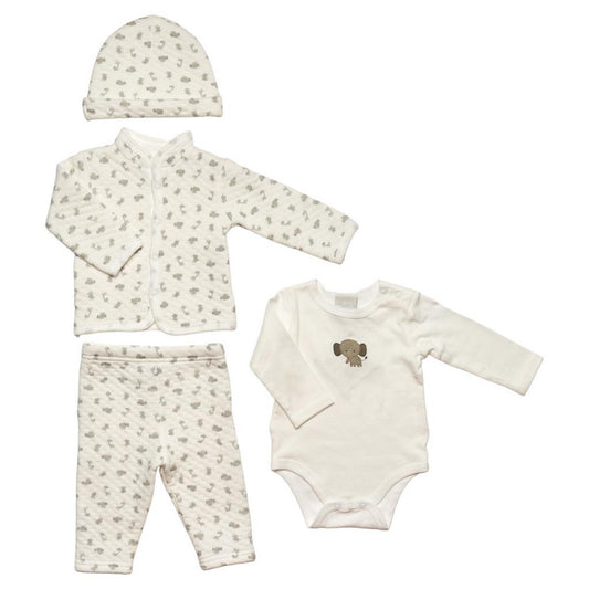 Unisex baby clothes set, four pieces included. Featuring a baby jacket, bodysuit, trousers and hat in elephant print design. (Front Angle)