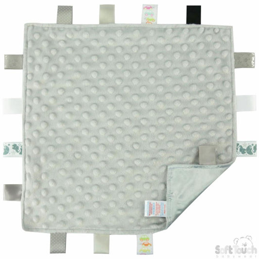 Baby comforter in grey with silk tags around the boarded to help sooth baby. Bubble mink fabric for sensory texture. 