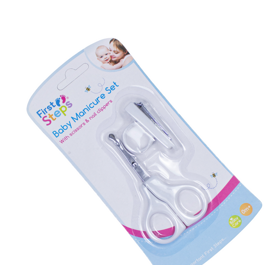 Baby manicure set with scissors and nail clippers, designed for safe grooming of delicate nails