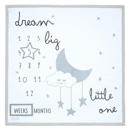 Unisex baby milestone blanket, perfect for taking monthly photo of your baby’s growth. Unisex milestone mat for baby boy or baby girl. Moon & stars themed newborn milestone blanket. Perfect baby shower present for new parents. Ideal to include in a new baby gift hamper. 