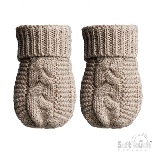 Baby Mittens, cable knit, biscuit coloured made from eco friendly recyclable material.