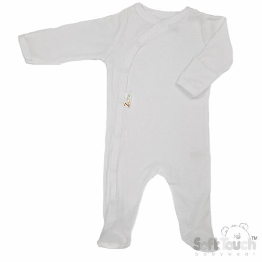 Unisex newborn clothes - Baby sleepsuit in white, made from eco friendly materials featuring a ribbed textured design. (Front Angle)