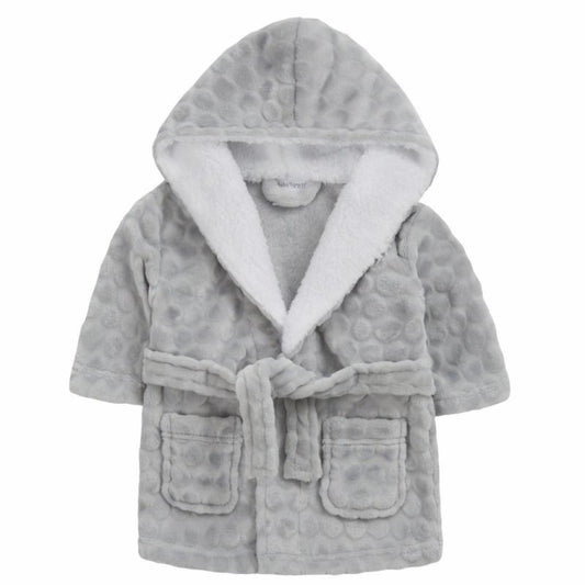 Unisex Baby Clothes - Baby dressing gown in grey with hood, featuring a circular textured design throughout.  
