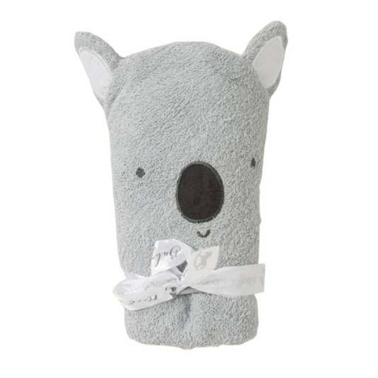 Hooded baby towel, koala design on the hood in grey.