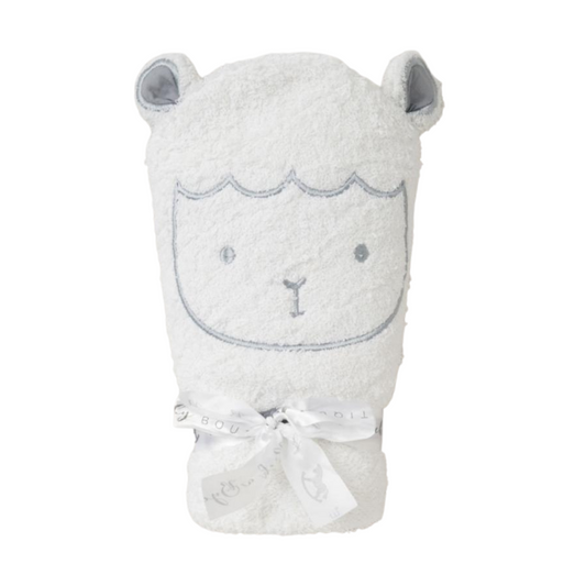 Hooded baby towel, sheep design on the hood in white.
