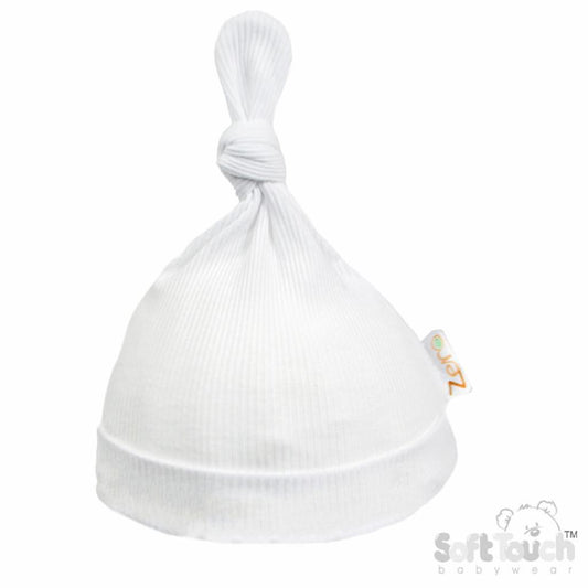 Newborn baby hat, white colour and ribbed design with a knotted top.