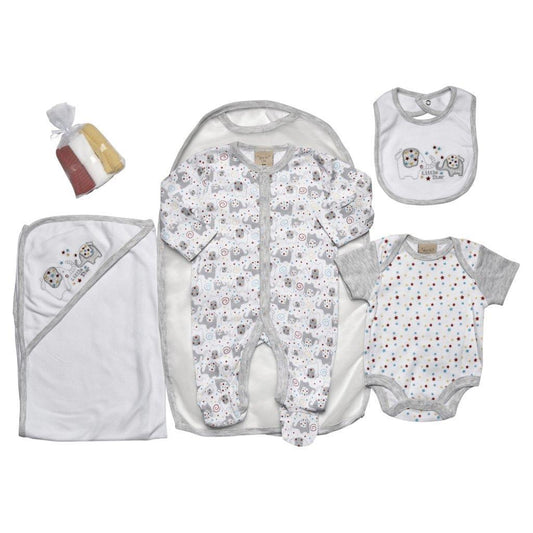 Severn piece newborn baby clothes set, including a baby sleepsuit, bodysuit, bib, blanket and three wash cloths. Enclosed in a netted clothes bag.