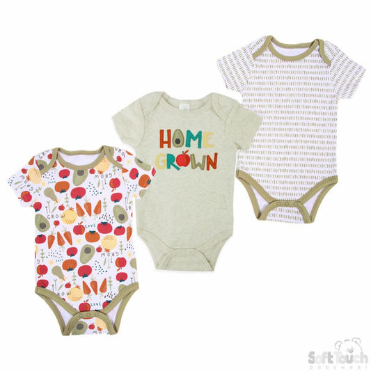 Unisex baby clothes - cute unisex baby bodysuits with vibrant vegetable-themed prints, made from 100% cotton for ultimate comfort. Explore our matching range of unisex baby clothing for a coordinated look. (Front angle picture)