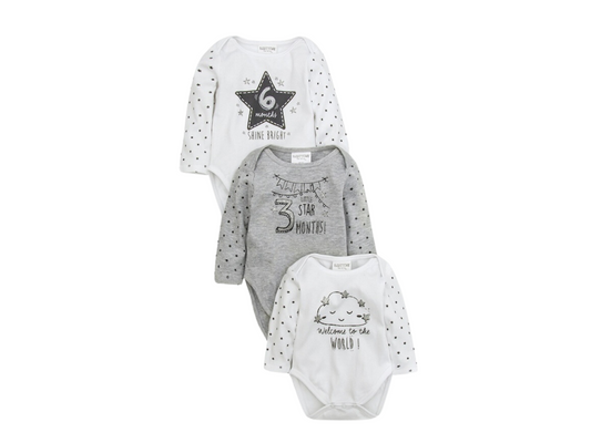 Three milestone, unisex baby bodysuits. Ideal for newborns, one size and fits from 0-6 months to document baby's growth. Document your baby's growth journey with these unisex baby clothes from new-born, 3 months and 6 months. 