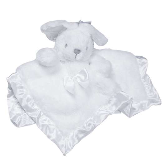 Baby comforter, bunny design, fluffy material with a silk edge.
