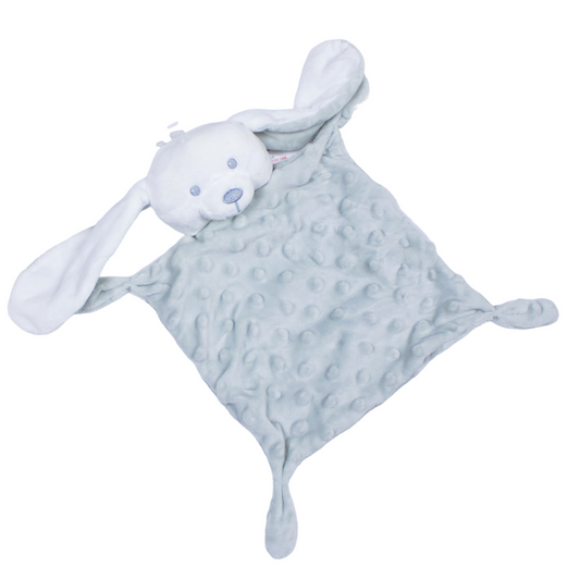 square grey minky fabric comforter with soft white cuddly bunny teddy head