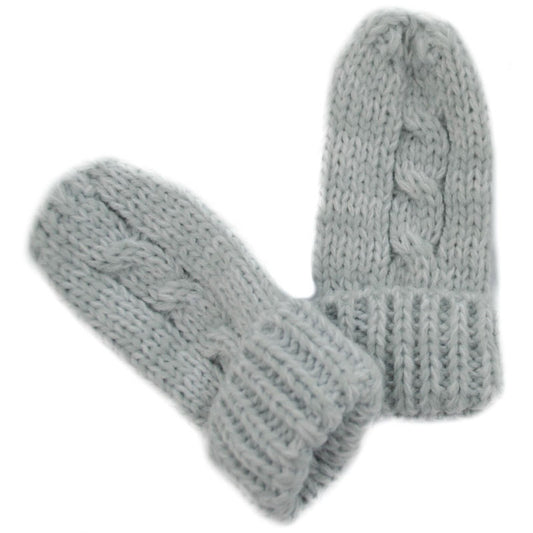 Baby mittens, cable knit in grey and white wool.