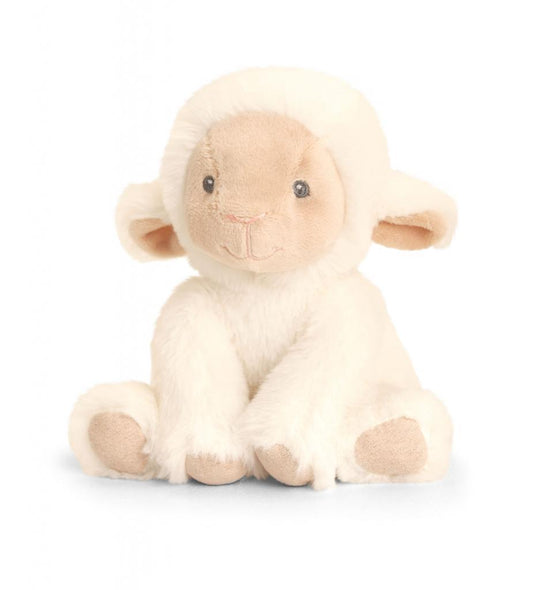 Fluffy lamb soft baby toy made from recycled material, perfect for cuddles and comforting little ones