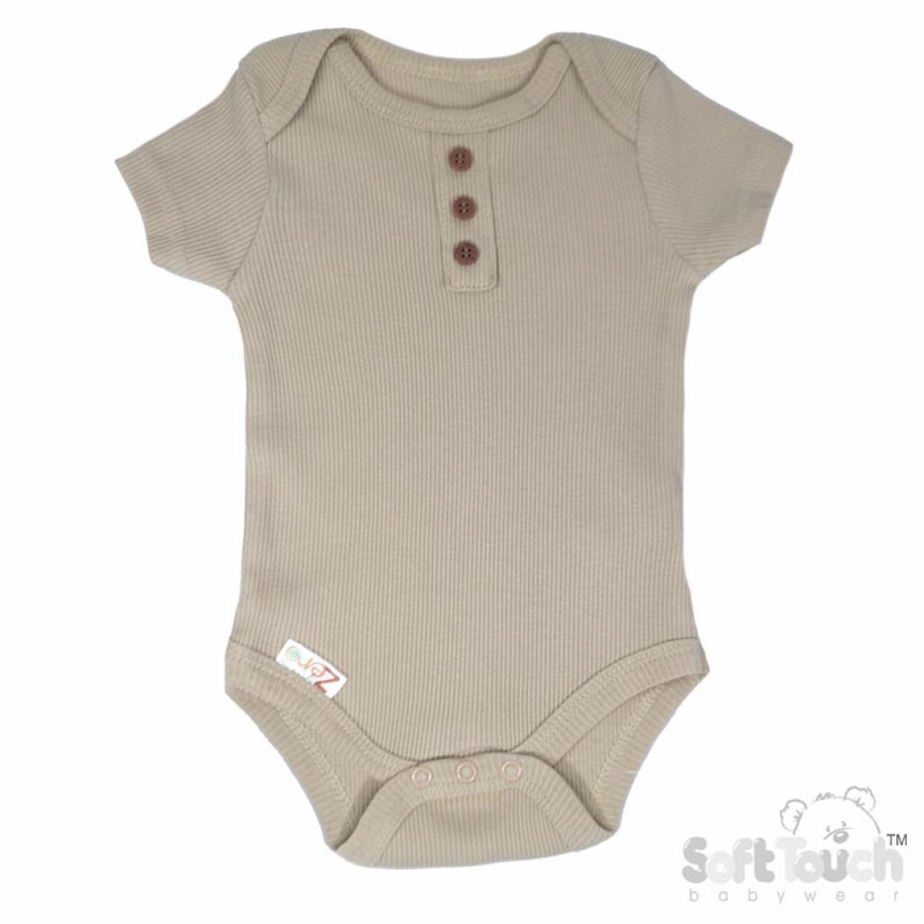 unisex baby bodysuit, ribbed design, biscuit colour, 100% eco cotton material
